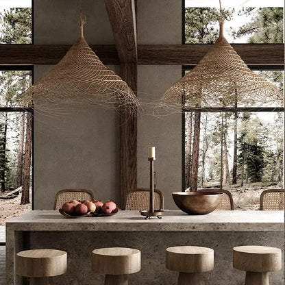 Rustic conical woven twig bamboo led pendant light for dining room