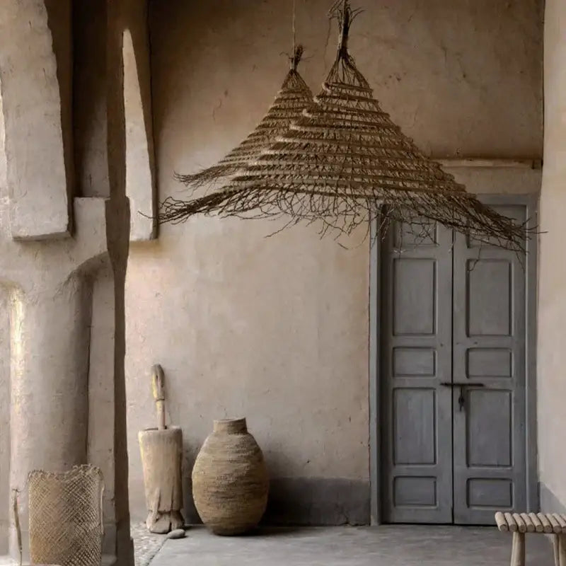 Rustic conical woven twig bamboo led pendant light for dining room