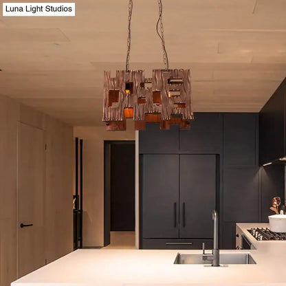 Rustic copper rectangular restaurant island chandelier dining room