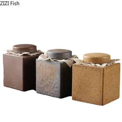 Rustic earth toned ceramic tea canister set kitchen storage jar