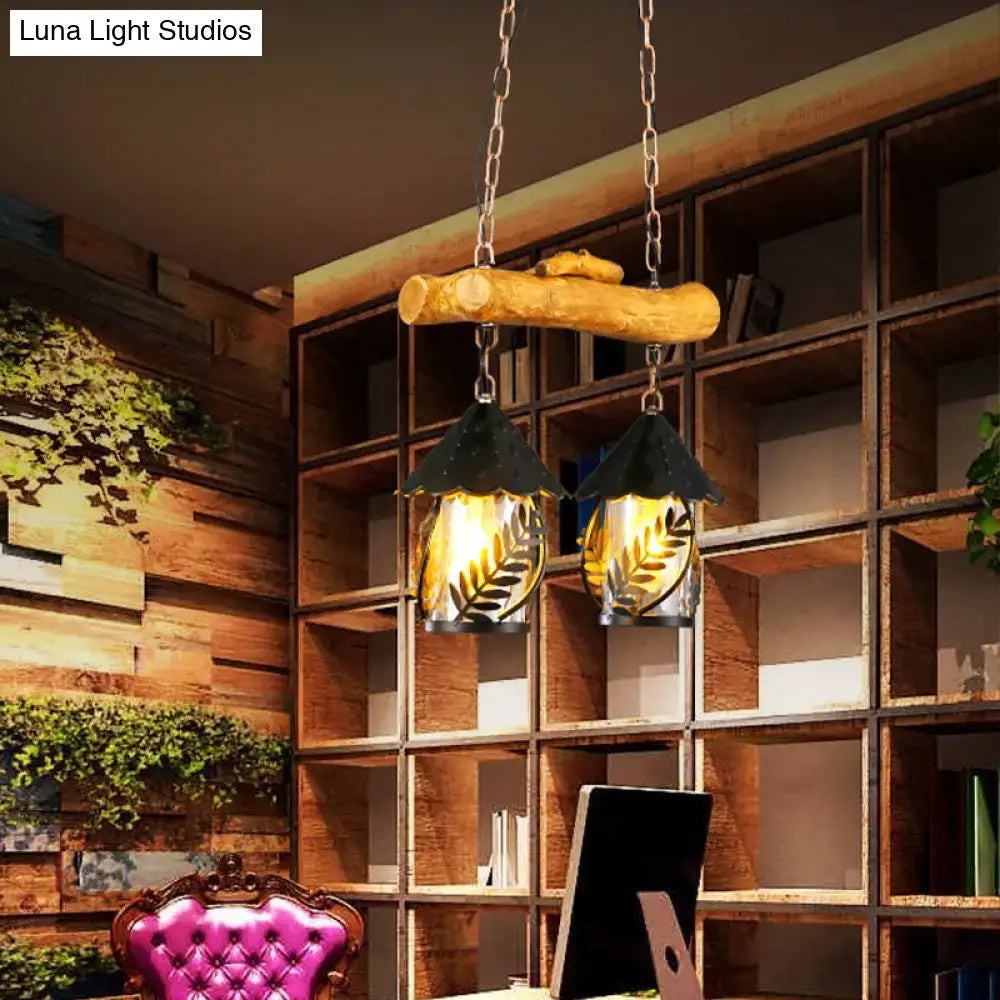 Rustic farmhouse wood and black hanging lamp dining room clear glass