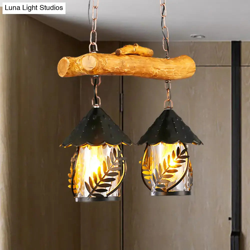 Rustic farmhouse wood and black hanging lamp dining room clear glass