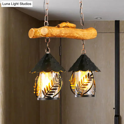 Rustic farmhouse wood and black hanging lamp dining room clear glass