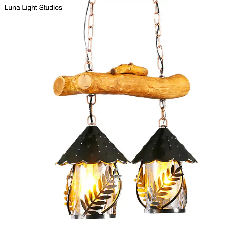 Rustic farmhouse wood and black hanging lamp dining room clear glass