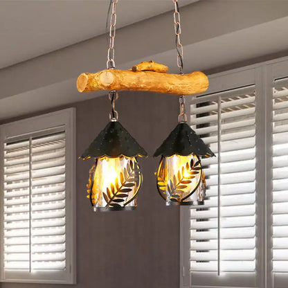 Rustic farmhouse wood and black hanging lamp dining room clear glass