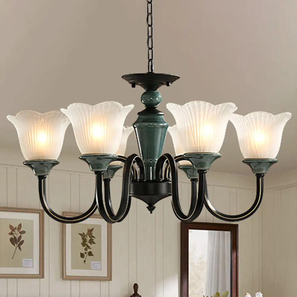 DecorBites™ Rustic Floral Chandelier with Blackish Green Suspension and Frosted Glass for Living Room