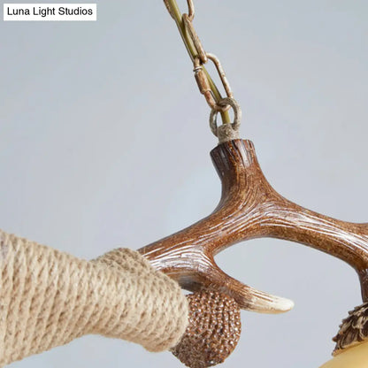 DecorBites™ Rustic Glass Hanging Lamp with Wood and Rope Accents - Bowl Shade Pendant (Amber, 2 Bulbs)