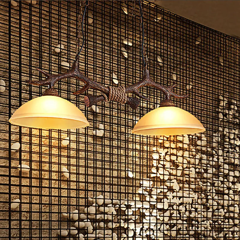 DecorBites™ Rustic Glass Hanging Lamp with Wood and Rope Accents - Bowl Shade Pendant (Amber, 2 Bulbs)
