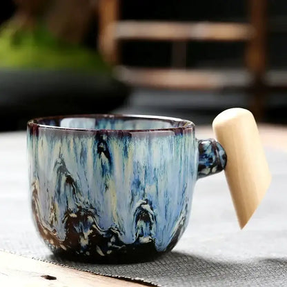 Rustic glazed ceramic latte mug with wooden handle kitchen drinkware
