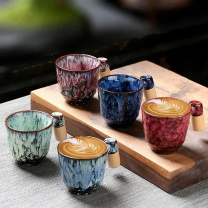 Rustic glazed ceramic latte mug with wooden handle kitchen drinkware