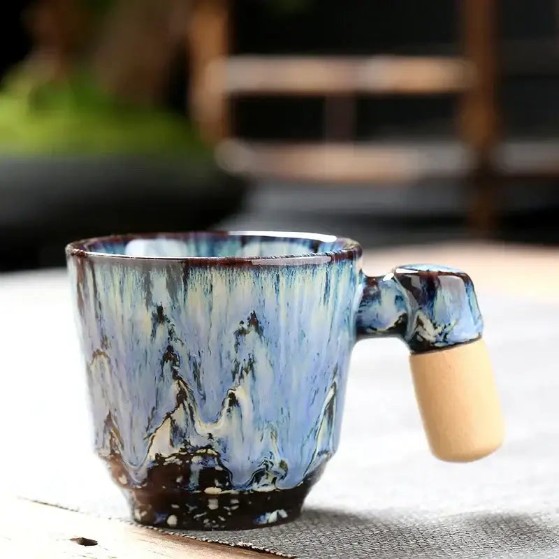 Rustic glazed ceramic latte mug with wooden handle kitchen drinkware