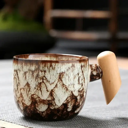 Rustic glazed ceramic latte mug with wooden handle kitchen drinkware
