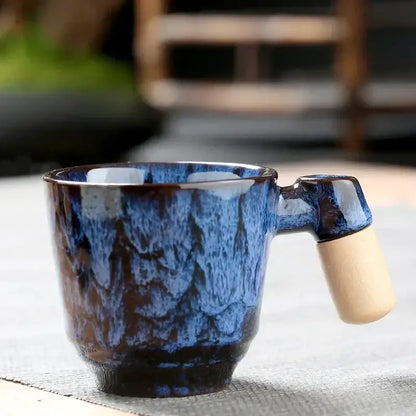 Rustic glazed ceramic latte mug with wooden handle kitchen drinkware