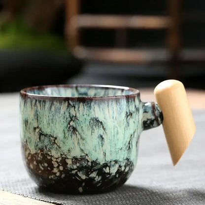 Rustic glazed ceramic latte mug with wooden handle kitchen drinkware
