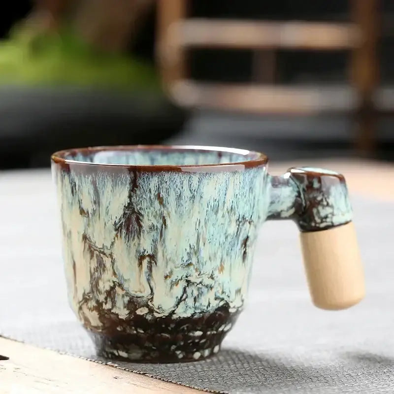 Rustic glazed ceramic latte mug with wooden handle kitchen drinkware