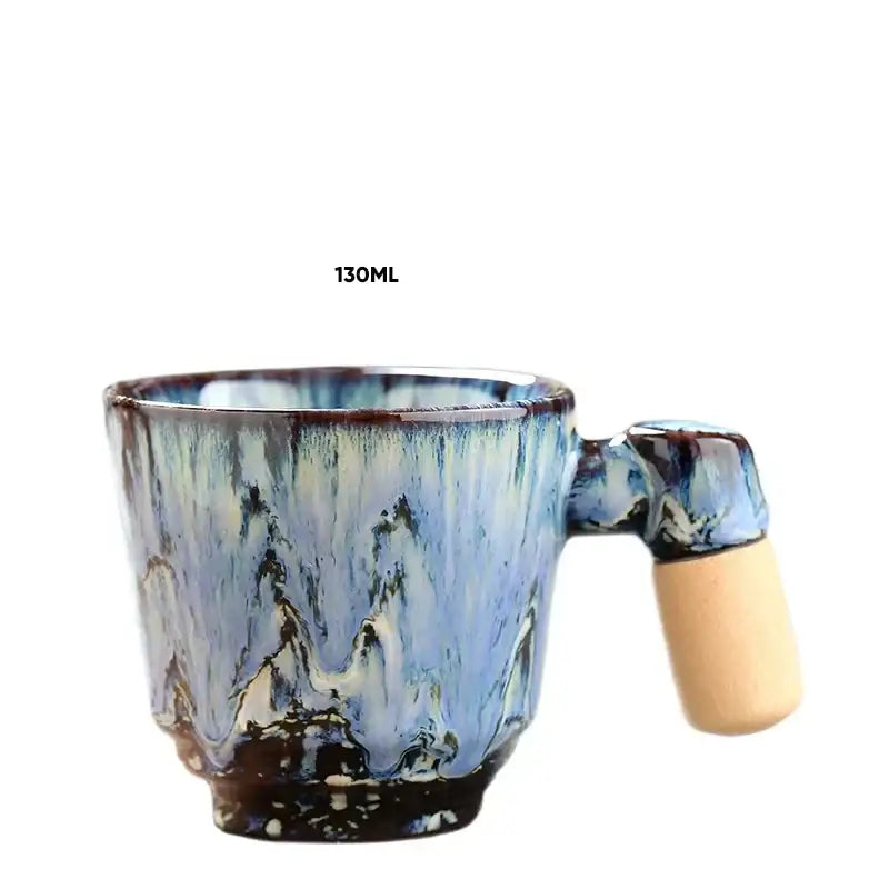 Rustic glazed ceramic latte mug with wooden handle kitchen drinkware