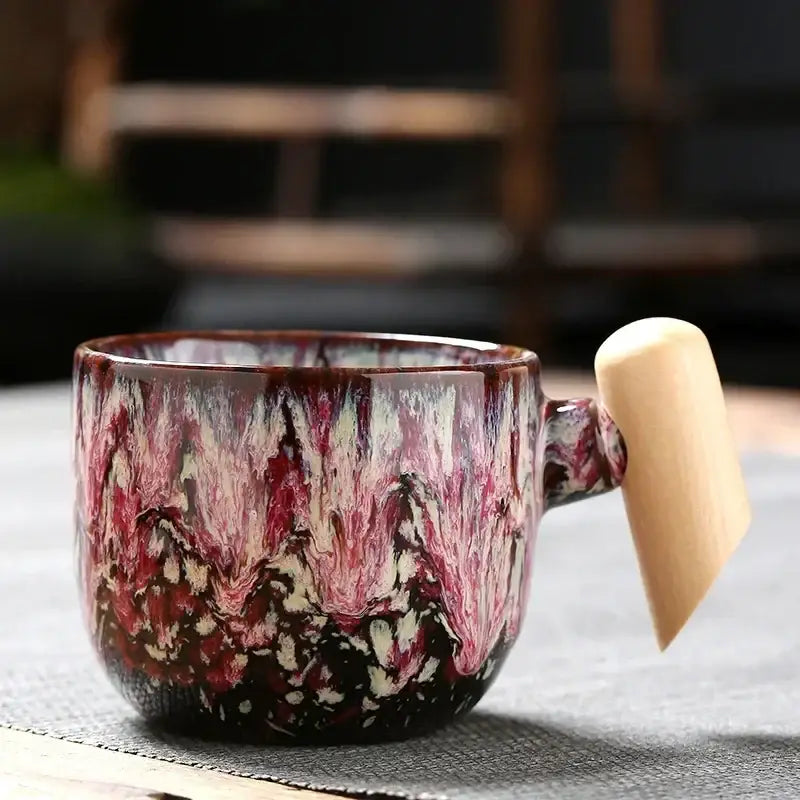 Rustic glazed ceramic latte mug with wooden handle kitchen drinkware