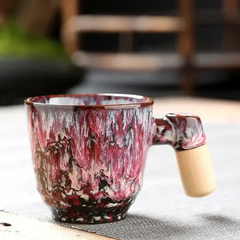 Rustic glazed ceramic latte mug with wooden handle kitchen drinkware