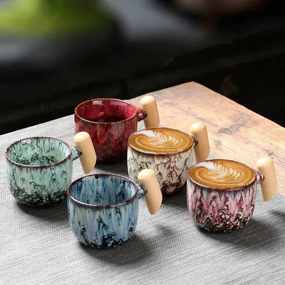 Rustic glazed ceramic latte mug with wooden handle kitchen drinkware