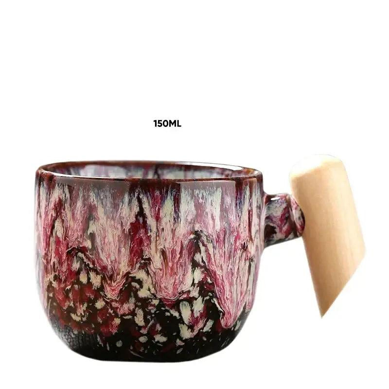 Rustic glazed ceramic latte mug with wooden handle kitchen drinkware