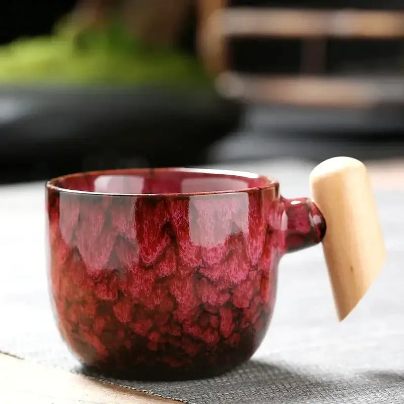 Rustic glazed ceramic latte mug with wooden handle kitchen drinkware