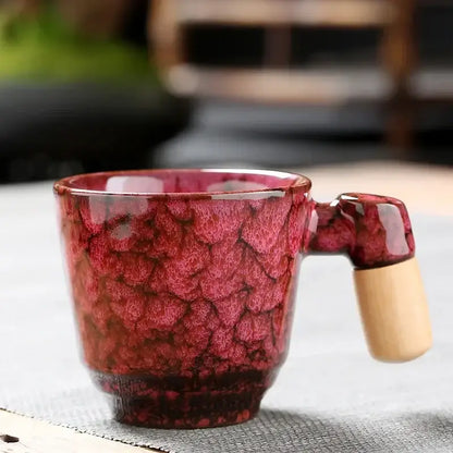Rustic glazed ceramic latte mug with wooden handle kitchen drinkware