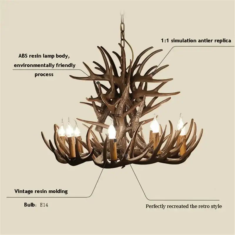 Rustic golden brown antler pendant chandelier dining room light