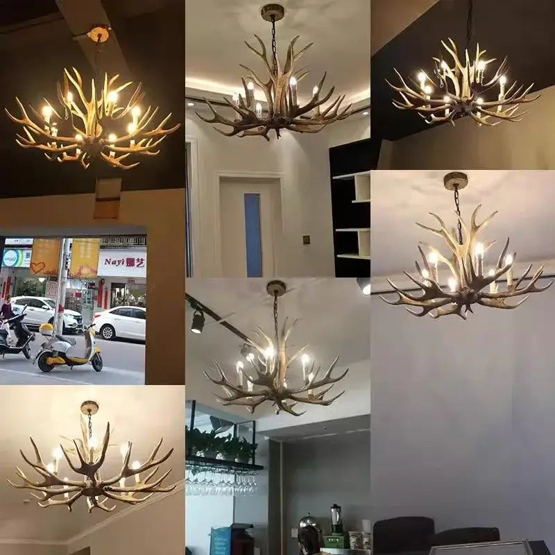 Rustic golden brown antler pendant chandelier dining room light