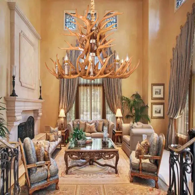 Rustic golden brown antler pendant chandelier dining room light