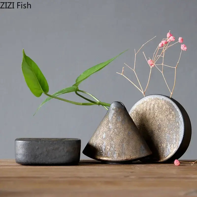 Rustic gray & brown coarse pottery vase living room decor