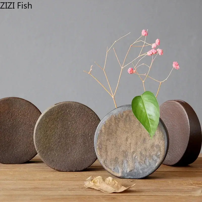 Rustic gray & brown coarse pottery vase living room decor