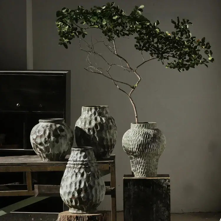 Rustic gray & white coarse pottery vase living room home decor