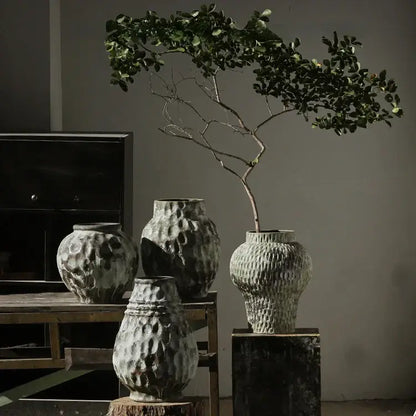 Rustic gray & white coarse pottery vase living room home decor