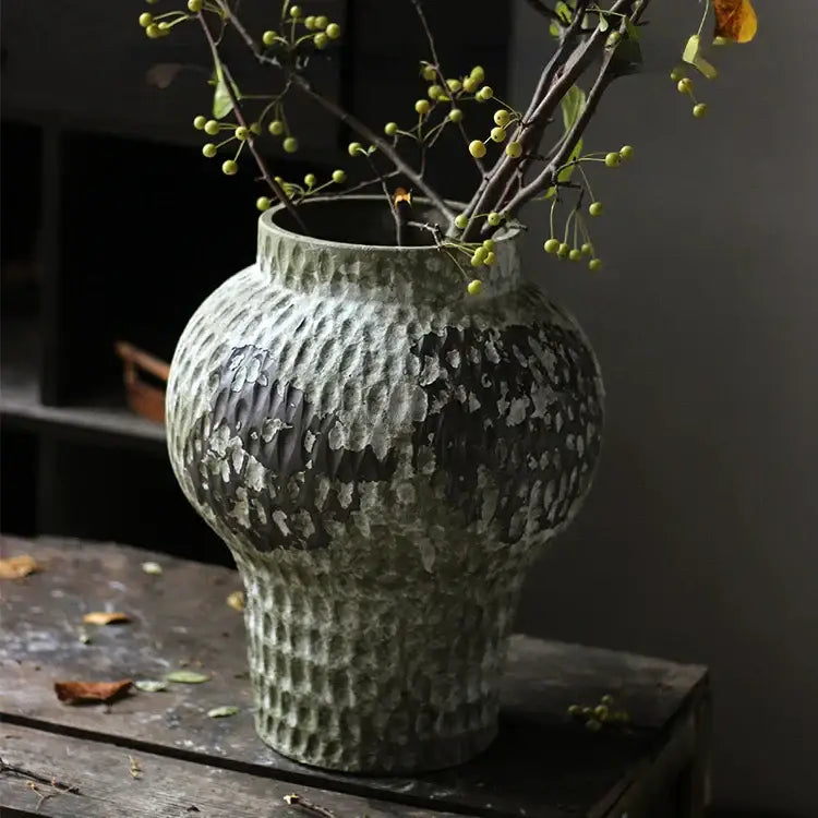 Rustic gray & white coarse pottery vase living room home decor