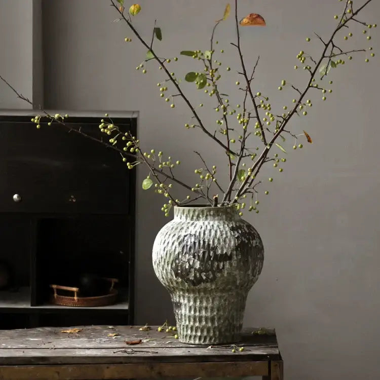 Rustic gray & white coarse pottery vase living room home decor