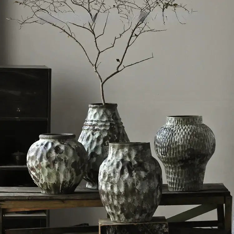 Rustic gray & white coarse pottery vase living room home decor