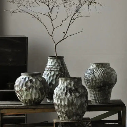 Rustic gray & white coarse pottery vase living room home decor
