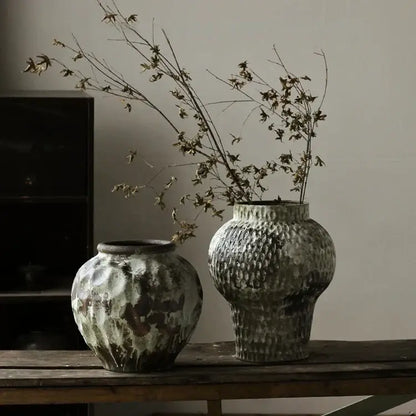Rustic gray & white coarse pottery vase living room home decor