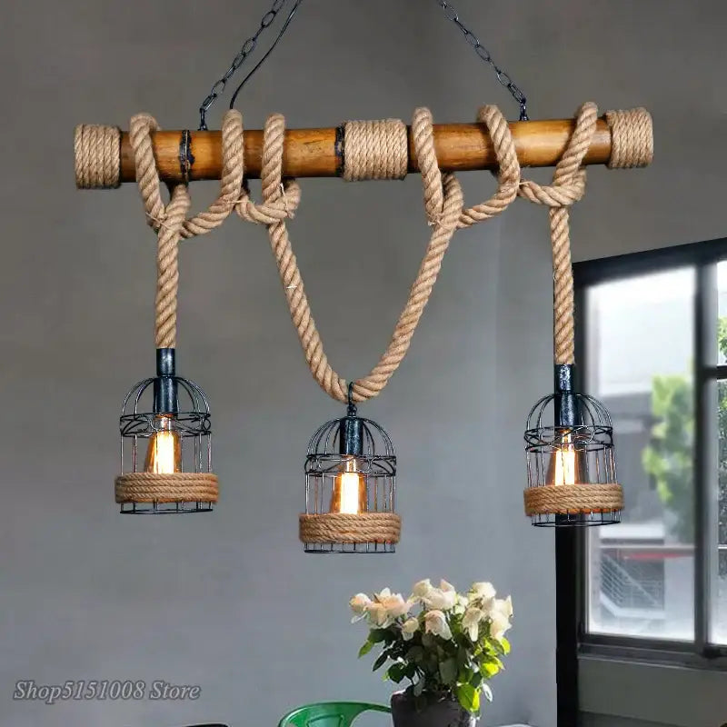Rustic industrial bamboo hemp rope pendant light dining room cage