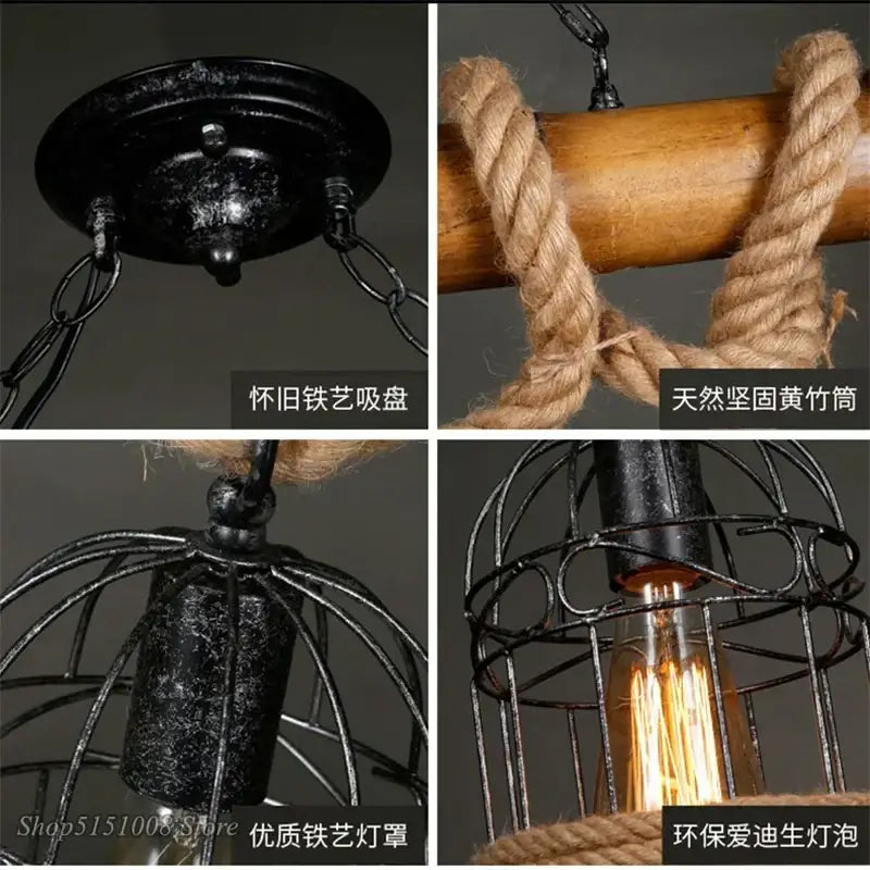 Rustic industrial bamboo hemp rope pendant light dining room cage