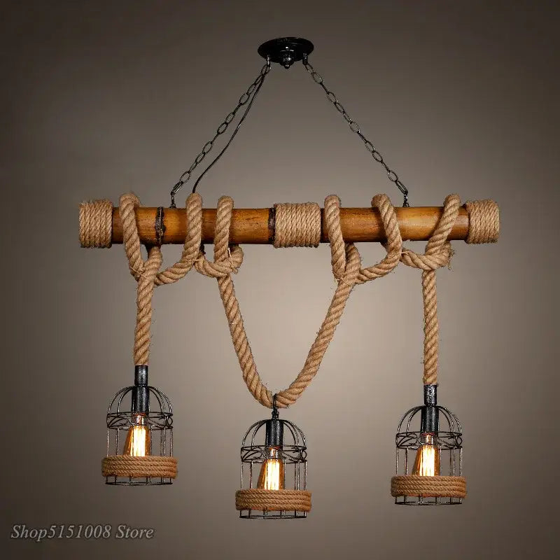 Rustic industrial bamboo hemp rope pendant light dining room cage