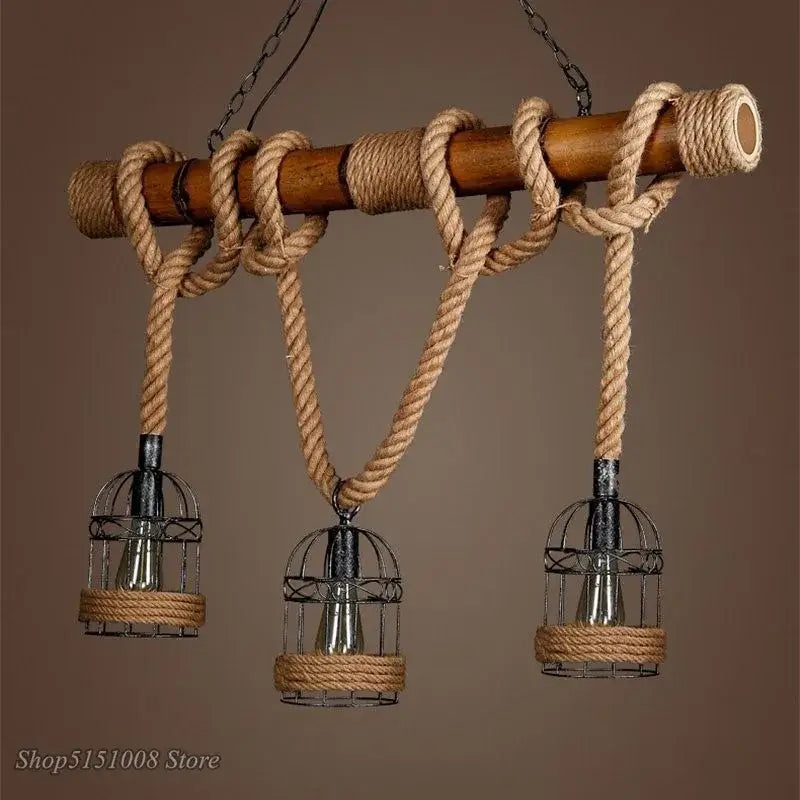 Rustic industrial bamboo hemp rope pendant light dining room cage