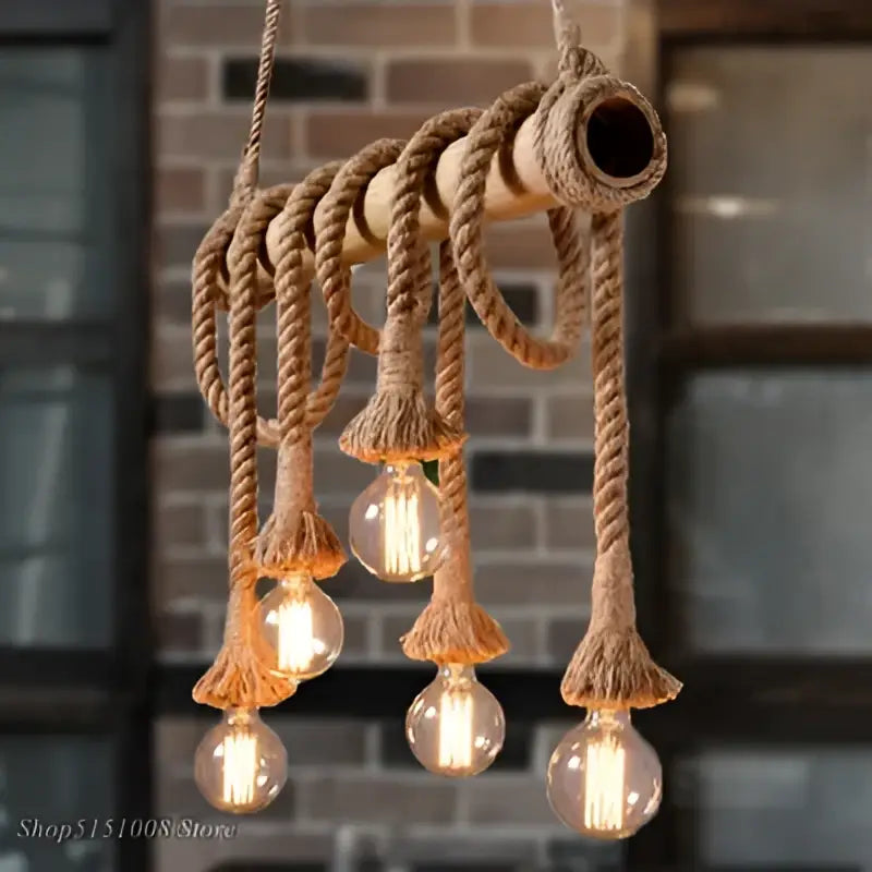 Rustic industrial bamboo pendant lights kitchen rope fixture
