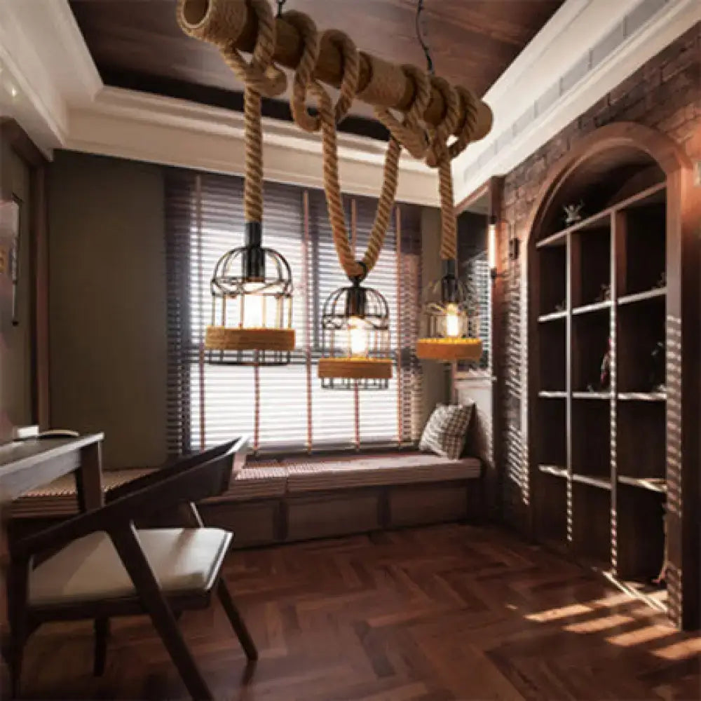 Rustic industrial birdcage pendant chandelier – dining room rope light