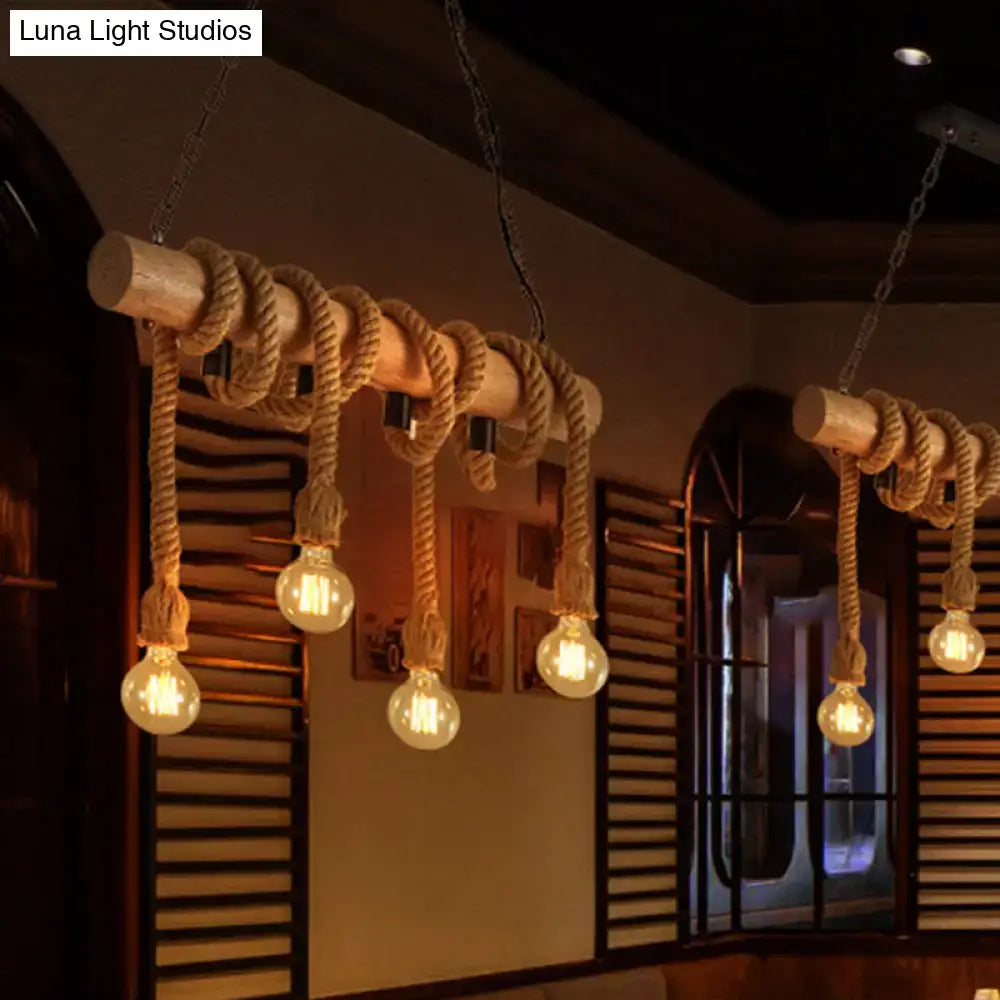 Rustic industrial brown pendant light dining room rope wood fixture