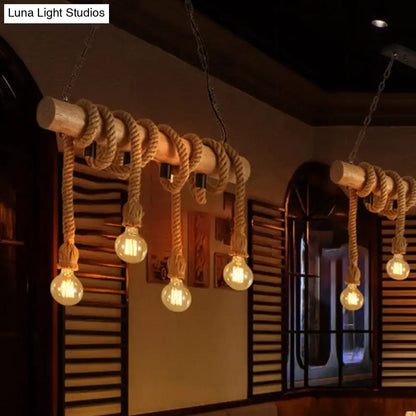 Rustic industrial brown pendant light dining room rope wood fixture