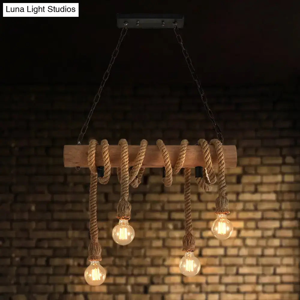 Rustic industrial brown pendant light dining room rope wood fixture