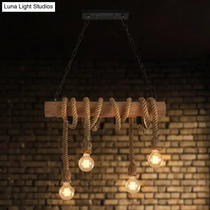 Rustic industrial brown pendant light dining room rope wood fixture
