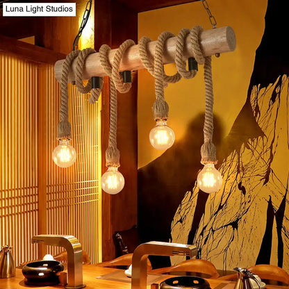 Rustic industrial brown pendant light dining room rope wood fixture