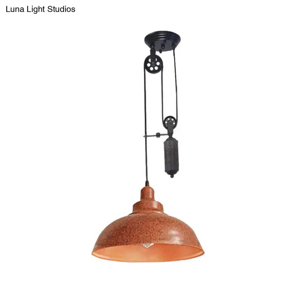 Rustic industrial copper dome pendant with pulley living room light